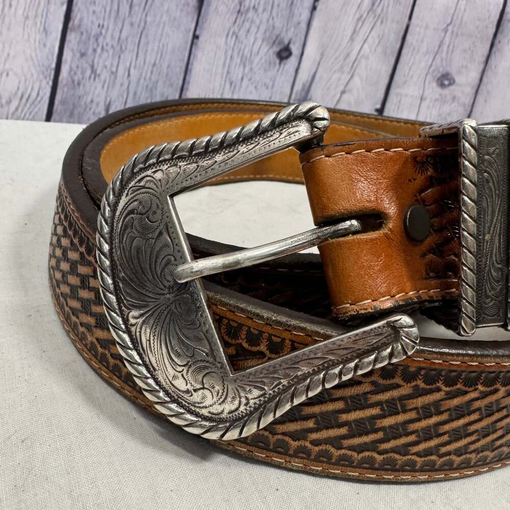 Justin Men's Bronco Basketweave Leather Belt Brown - Picture 3 of 8